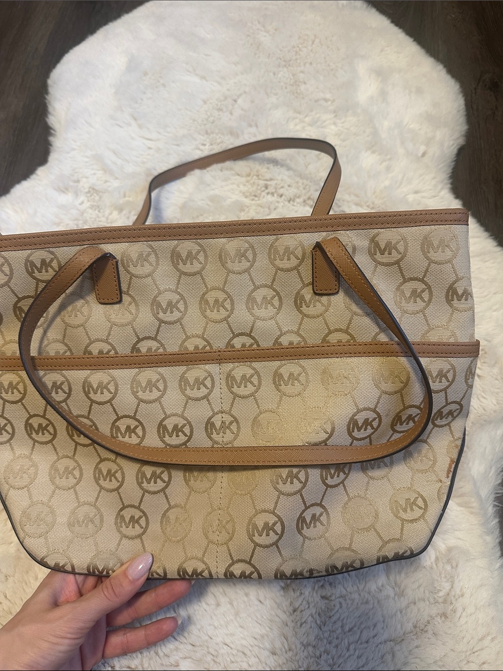 Michael Kors Tan & Beige MK Logo Canvas Tote - Picture 3 of 8